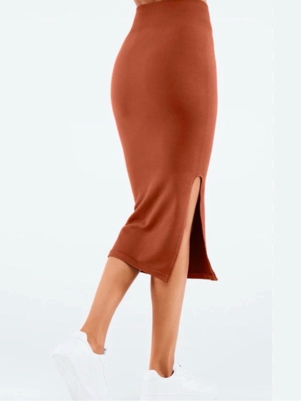 Fabletics Rust-Brown High Waist Ribbed Seamless Pencil Skirt with Side Slit - Picture 3 of 5